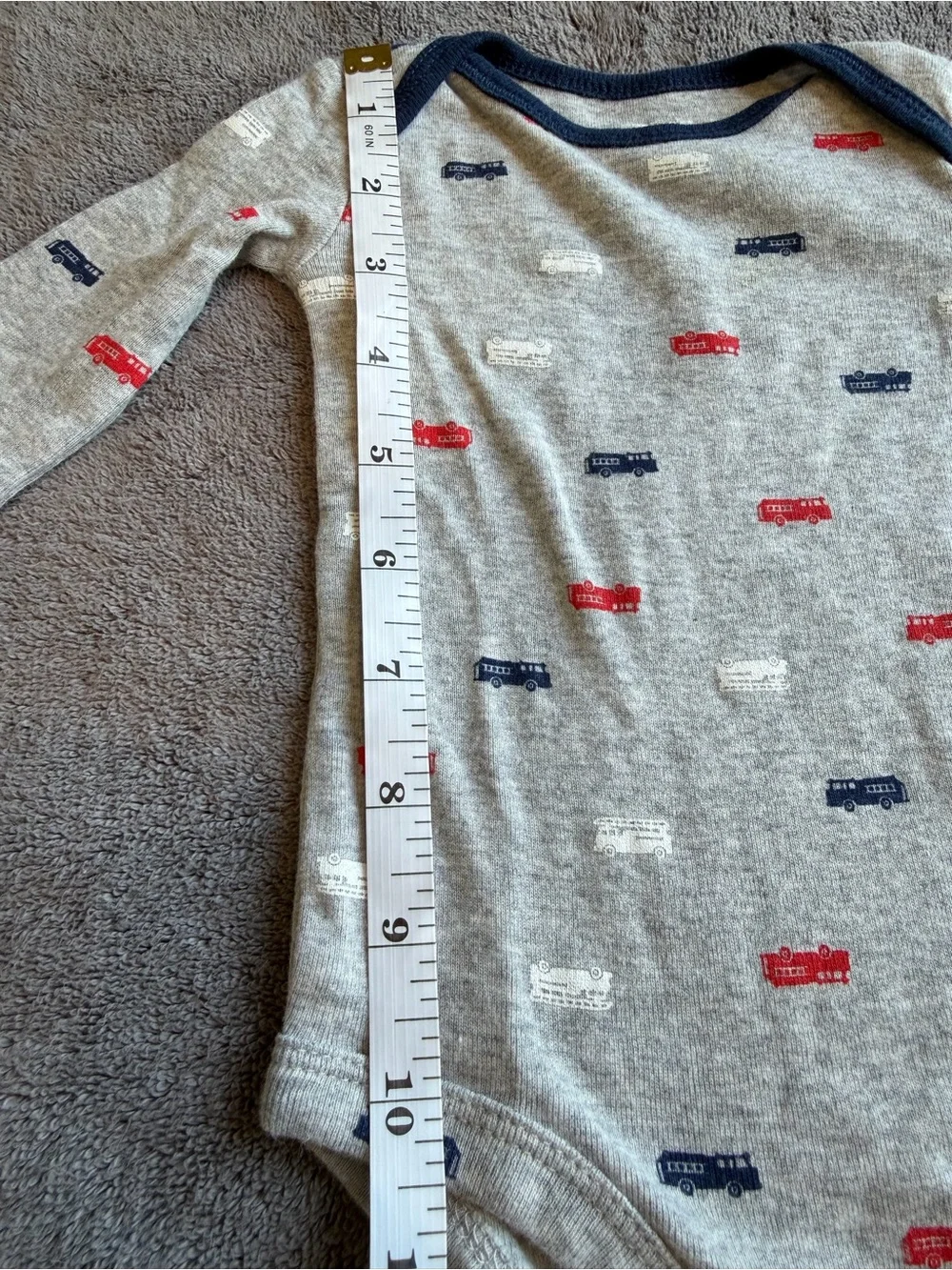 ❤️$3 with Bundle!  Grey Long-Sleeve One-Piece with Red & Navy Firetruck Print